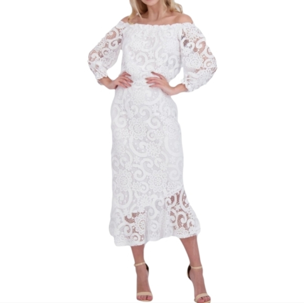 Nanette Lepore White Floral Lace‎ Off-the-Shoulder Midi Dress 14 NM2S13W91 NEW